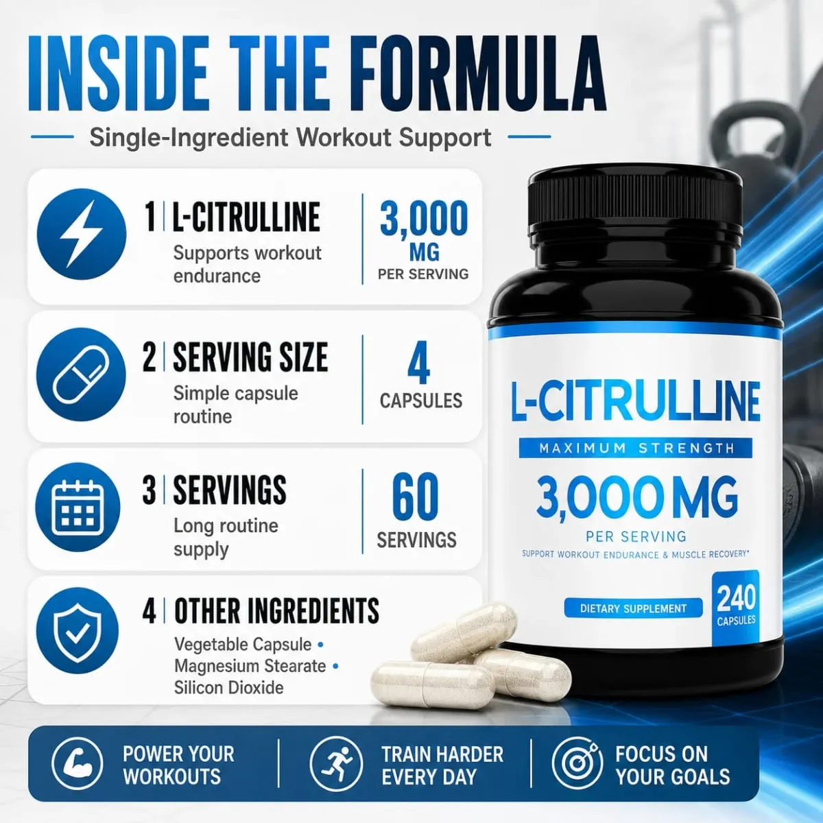 L-Citrulline 3000mg Supplement for Men & Women Vegan Amino Acid Sports Support for Workout Pump Muscle Recovery 60 Servings