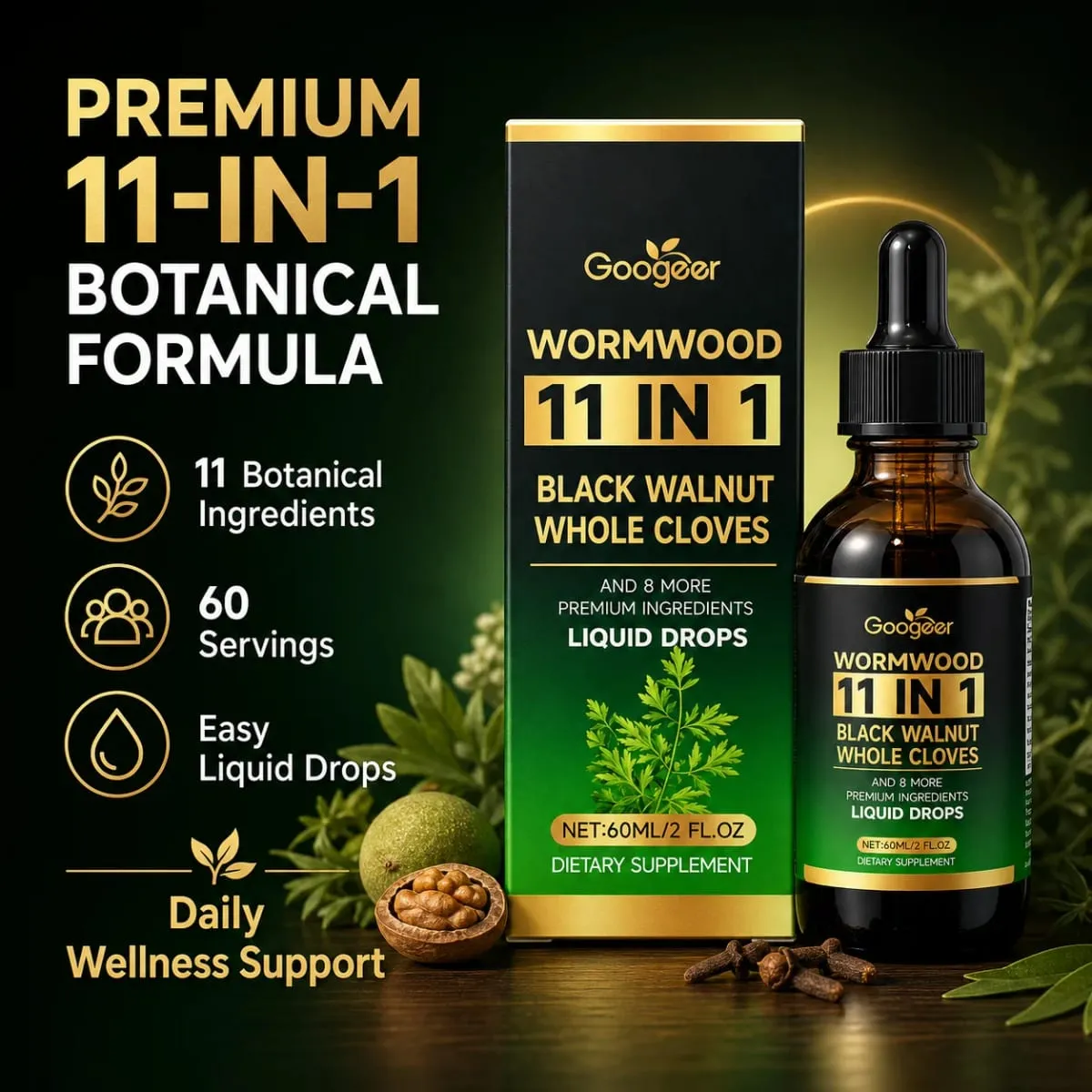 Wormwood 11 in 1 Liquid Drops - Black Walnut & Whole Cloves with Berberine Turmeric for Gut Health & Digestive Support 60ml