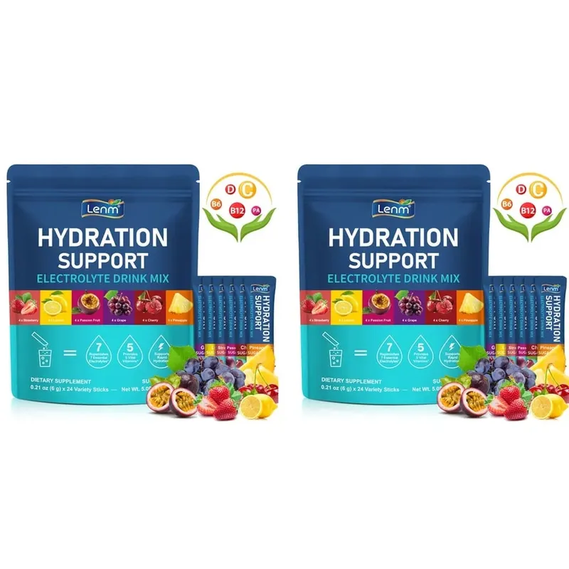 Lenm Electrolyte Drink Mix Powder with 7 Electrolytes and 5 Vitamins Sugar-Free Vegan Travel Hydration Support 24 Sticks