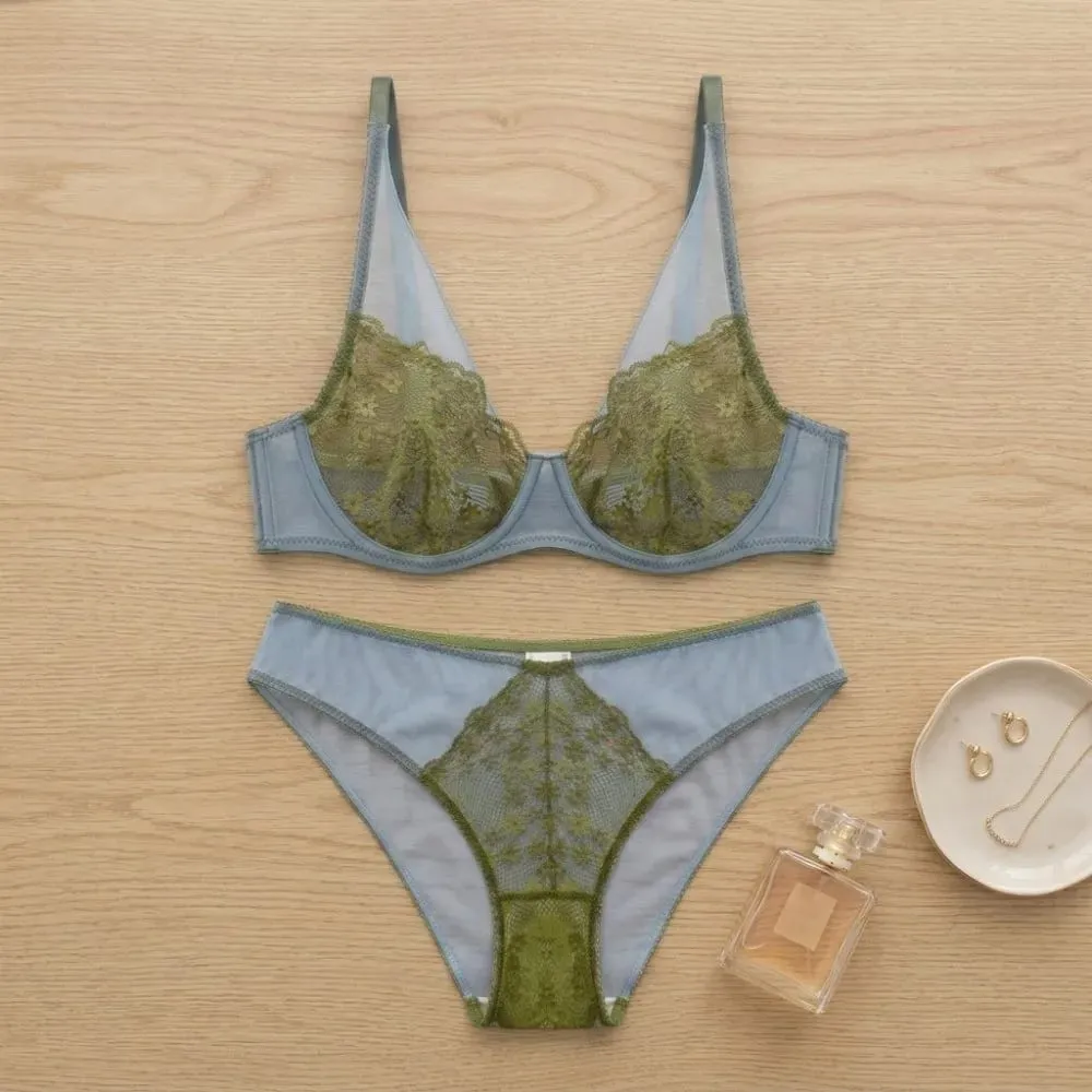 Sweet Mesh Lace Flower Bra Set Lingerie Underwear Push Up Bra Women Seamless Brassiere Mesh Bra Panties Kit Lady