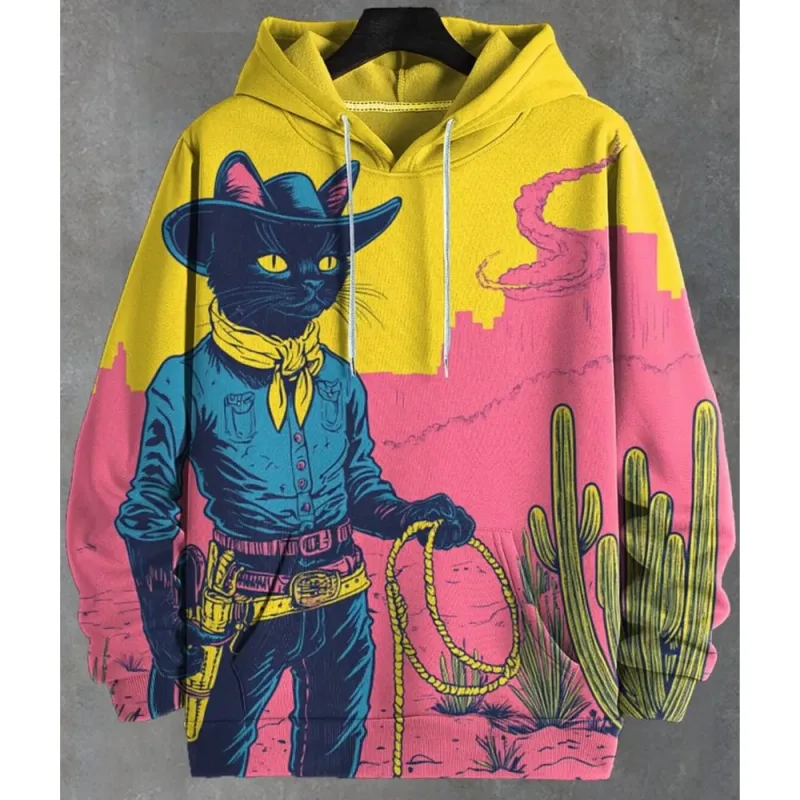 2026 Men's Hoodies Funny Hip Hop Black Cat DJ Art UFO 3D Printed Sweatshirt Men Women Tracksuit Oversized Casual Street Y2k Coat