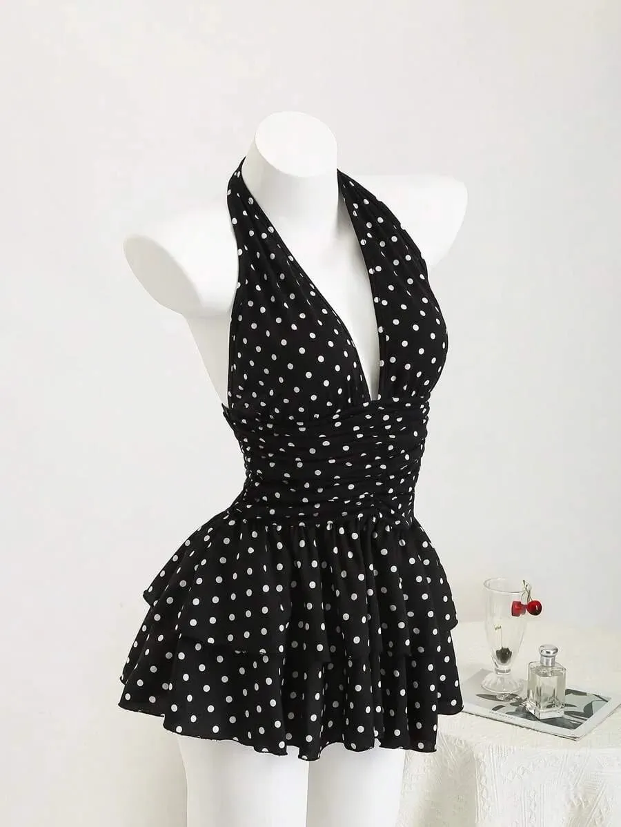 New Street Spicy Girl Digital Printed Design with Neck Hanging Sleeveless Short Thin Waist Cake Skirt