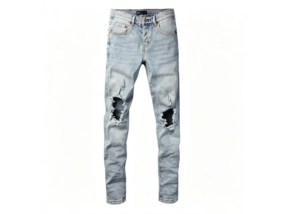 Men's Large Knee Ripped Slim Tapered Jeans Vintage Light Blue Wash Frayed Edges Button Fly High Street Style