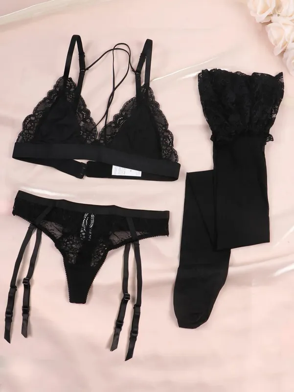 Varsbaby Women Lace Bra Set Non Padded Bra Panty Garter Stockings Summer Underwear Lingerie Sexy
