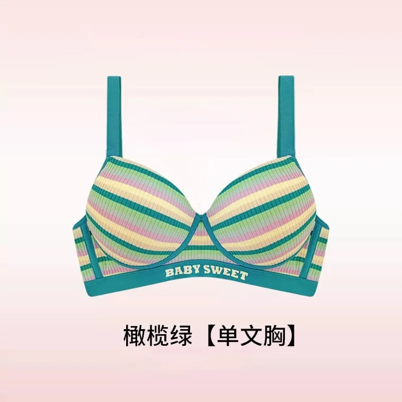 Stripe Women's Bra Set Gathered Anti-Sagging Small Chest Side Breast Reduction Underwear Cute Style Nylon