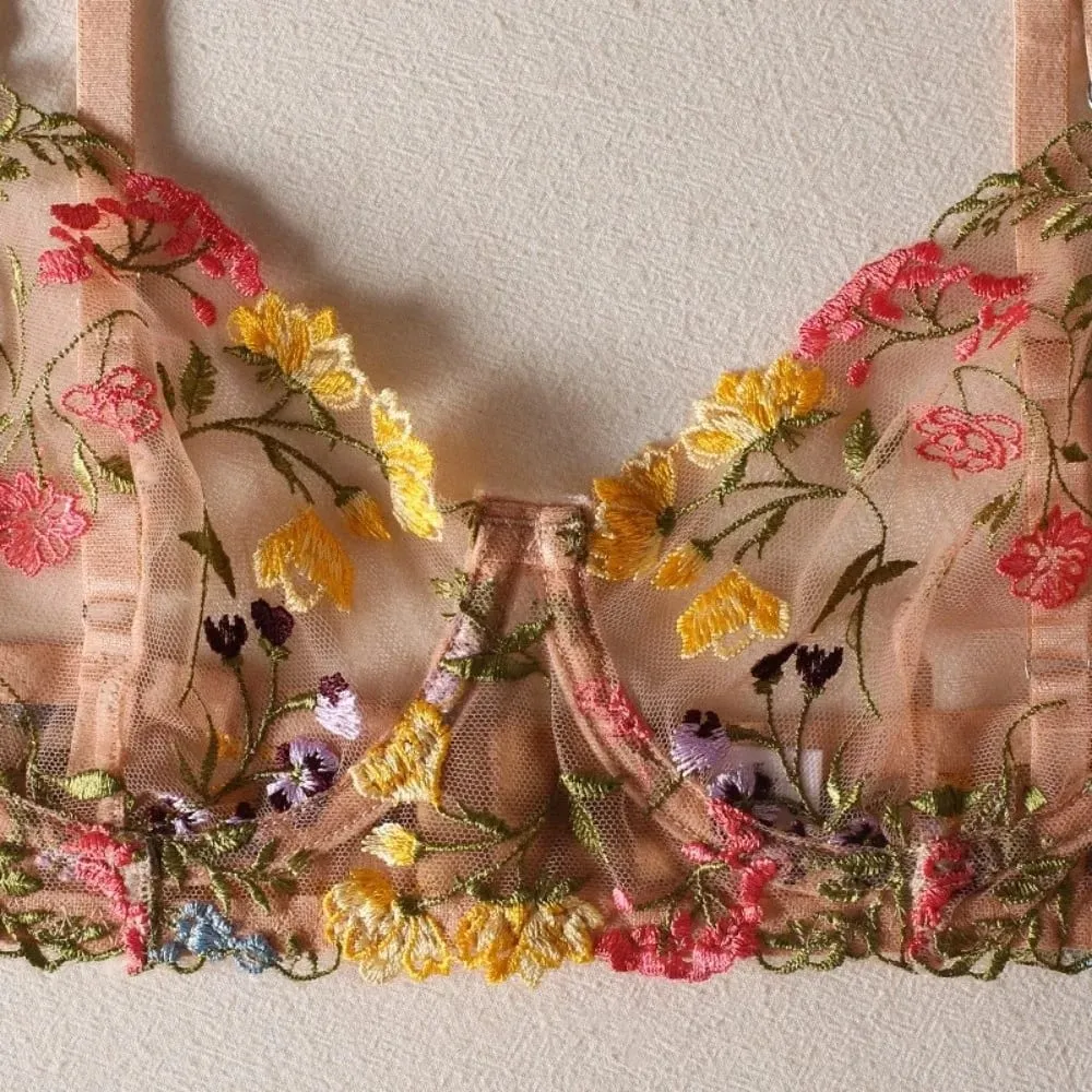Versatile Transparent Lingerie Set Ultra-thin Push Up Embroidery Floral Underwear Elegant Panties Bra Set Girl — image 3