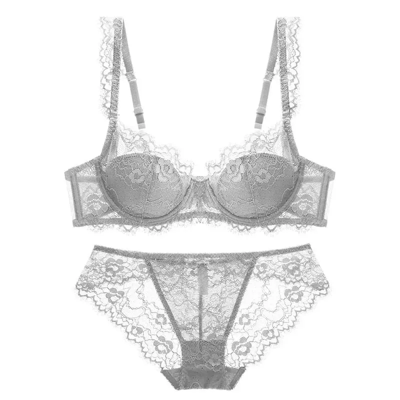 Women Sexy Lace Bra Set Padded Push Up Bra and Panty Set Elegant Ladies Brief Set Thin See Through Underwear — image 3