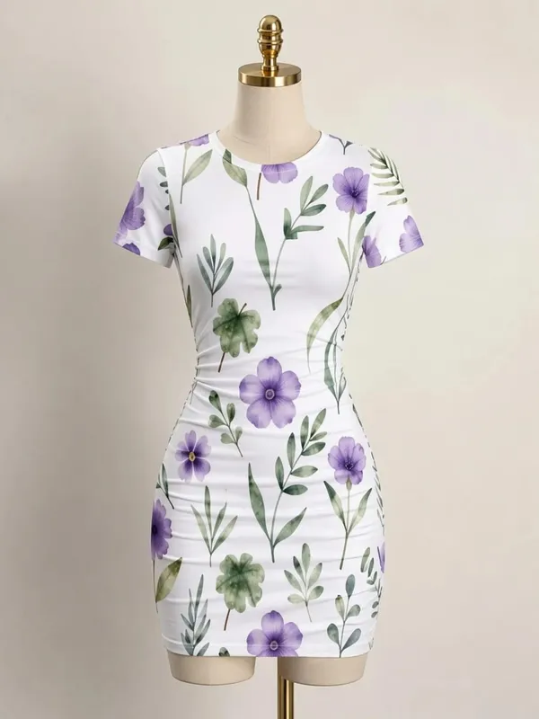 Womens Short Sleeve Bodycon Mini Dress Slim Fit Crew Neck Floral Print Casual Summer Party Cute Sweet Slimming Vacation Sundress — image 10