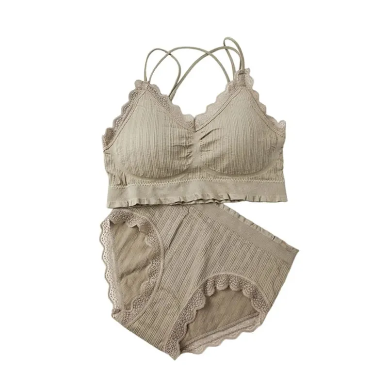 1Set Casual Lace Women Seamless Bra Set with Bra Pads V-Neck Lingerie Set Breathable Comfortable Sport Brassiere — image 9