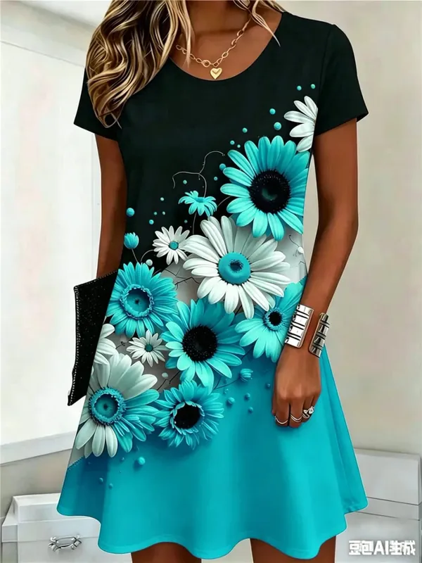 Fashion Street Floral Pattern Women Mini Dresses Summer Short Sleeve 3D Flower Printed Ladies Dress O-Neck Loose Casaul Dress — image 3