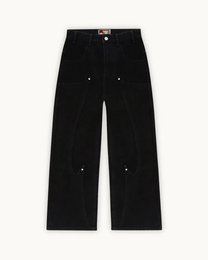 Y2K Black Baggy Cargo Jeans Men Horse Back Pocket Embroidery Cursive Wild Ride Distressed Cut Out Wide Leg Casual Denim Trouser