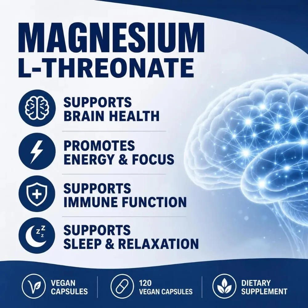 Magnesium L-Threonate 2000mg 120 Vegan Capsules - Brain Health Supplement - Energy Focus Immune Support Non-GMO GMP Dietary