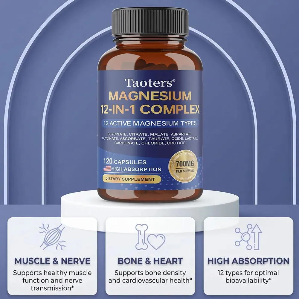 อาหารเสริมแมกนีเซียม 12-in-1 ที่ซับซ้อน – 700 มก. การดูดซึมสูง Glycinate Citrate Malate และ Taurate Blend สำหรับการนอนหลับของเส้นประสาทกล้ามเนื้อ