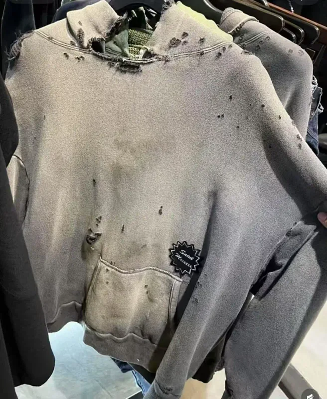 26FW SAINT x Ber B J Co-brand Big Logo Printed Women Men Washed Hooded Sweatshirt Hoodies Vintage Distressed Men Casual Hoodie