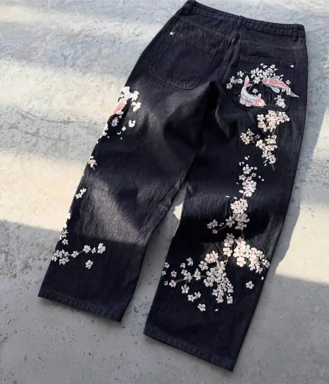 Unisex Jeans Harajuku European American Streetwear Embroidered Denim Pants Vintage Floral Loose Fit Straight Wide Leg Casual New