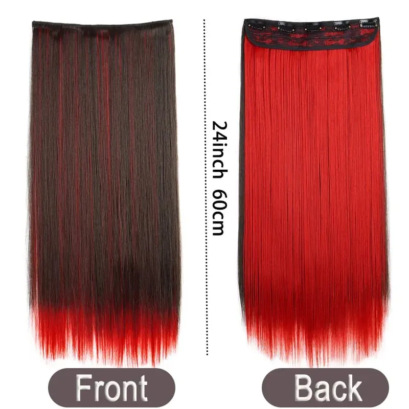 Synthetic 24Inch Long Straight One Piece Rainbow Highlight Clip In Hair Extensions for Women Daily Use Easy Wear