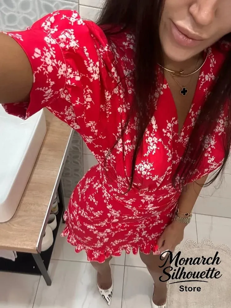 Chic Printed Slim Fit Mini Dress Women Elegant V-neck Puff Short Sleeves Waist Cinching Dresses 2026 Summer Lady Party Robes New