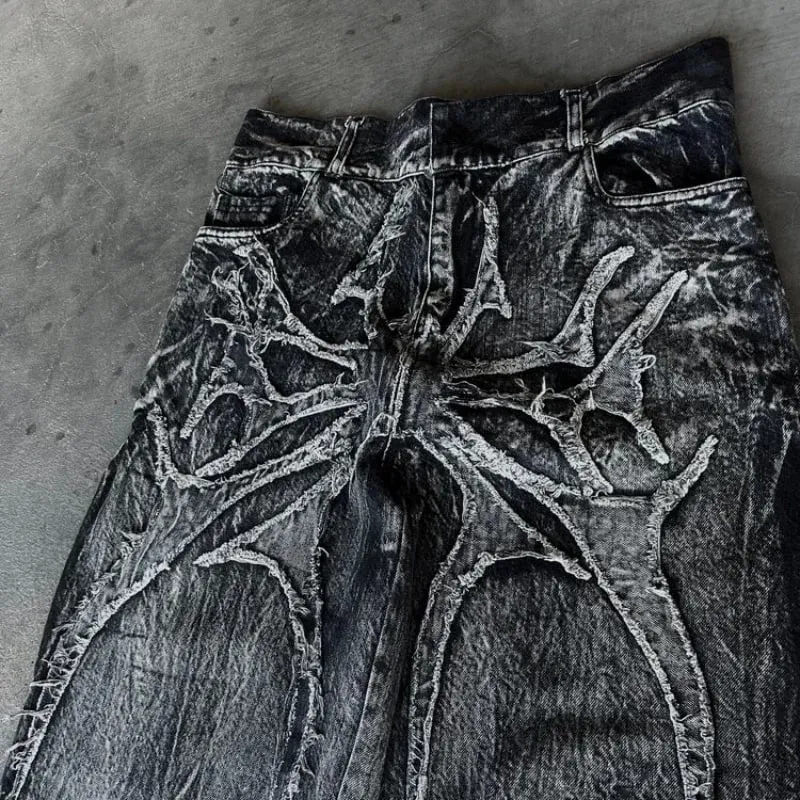 Vintage Y2K Baggy Jeans Splicing embroidery Pattern high quality jeans Hip Hop Gothic Streetwear men women Casual wide leg jeans — image 4