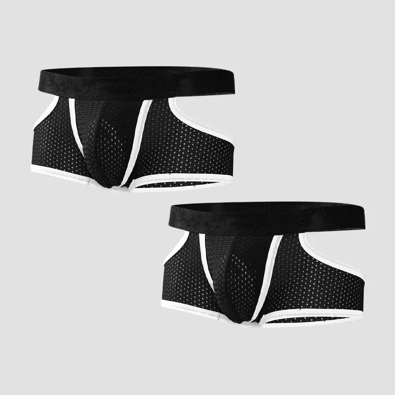2PCS Men's Ice Silk Gun Bullet Split Panties Square Breathable Mesh Summer Manipis Panlalaking Sports Boxer Shorts Toe