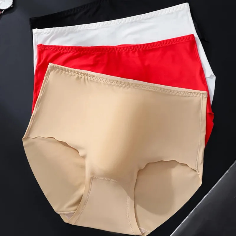 Men Ultra-Thin Briefs Seamless Ice Silk Plus Size Briefs 3D Bulge Pouch Solid Underwear High-Waisted Breathable Panties
