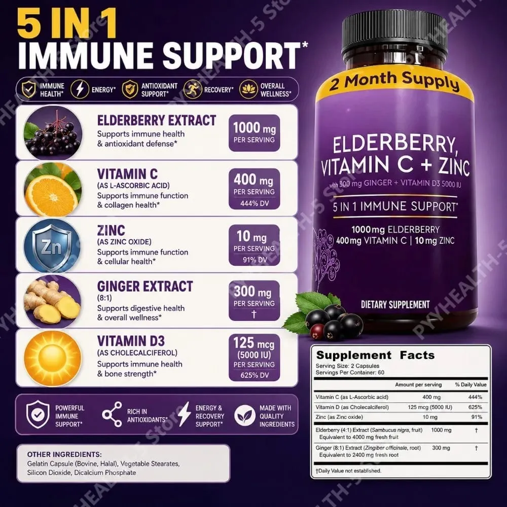 Elderberry Capsules with Vitamin C Zinc D3 Ginger Sambucus Black Elderberry Herbal Blend Daily Wellness Support for Adults — image 3