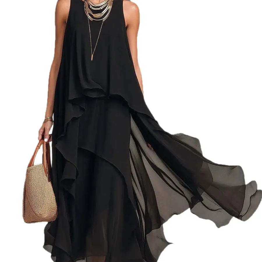 2026 New Black Sleeveless Irregular Chiffon Long Dress With Elegant Temperament For Women Dress
