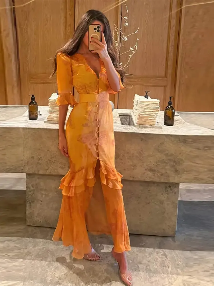 Sexy Print Women Long Dress Urban V-neck Single Breasted Ruffles Half Sleeve Female Dresses 2026 Spring Autumn Lady Robe — image 3