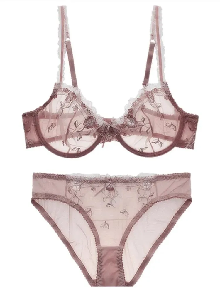 Fransk blonde-bh og trussesæt til Plus Size - Gennemsigtigt mesh Ultratynd fuld-bust-støtte Anti-slappende lingeri Sexet design