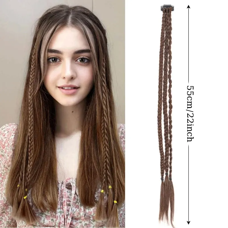 1Pc Clip in Braid Hair Extensions Wig 22inch Synthetic Braided Hairpiece 3 Braids on One Clip for Women Daily Costume Party Use — image 9