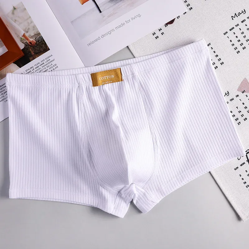Soft Rib Cotton Underwear Men's Breathable Boxer Shorts Solid Mid Waist U Convex Underpants Male Arrow Shorts Homme Panties