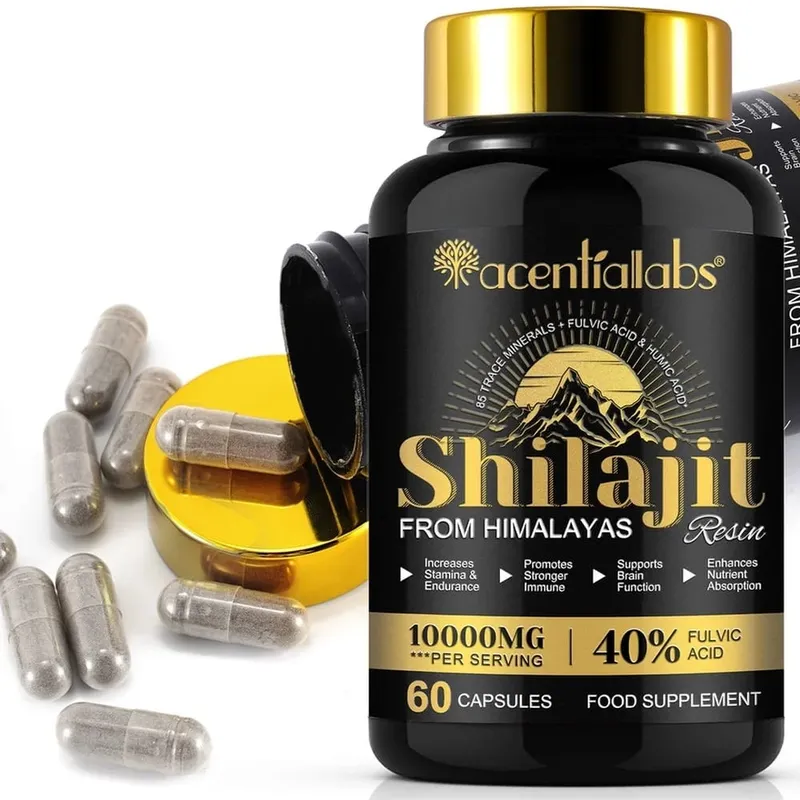Shilajit Resin Capsules from Himalayas 1000mg 10:1 Extract 40% Fulvic Acid 60 Count Supports Stamina & Endurance Brain Function