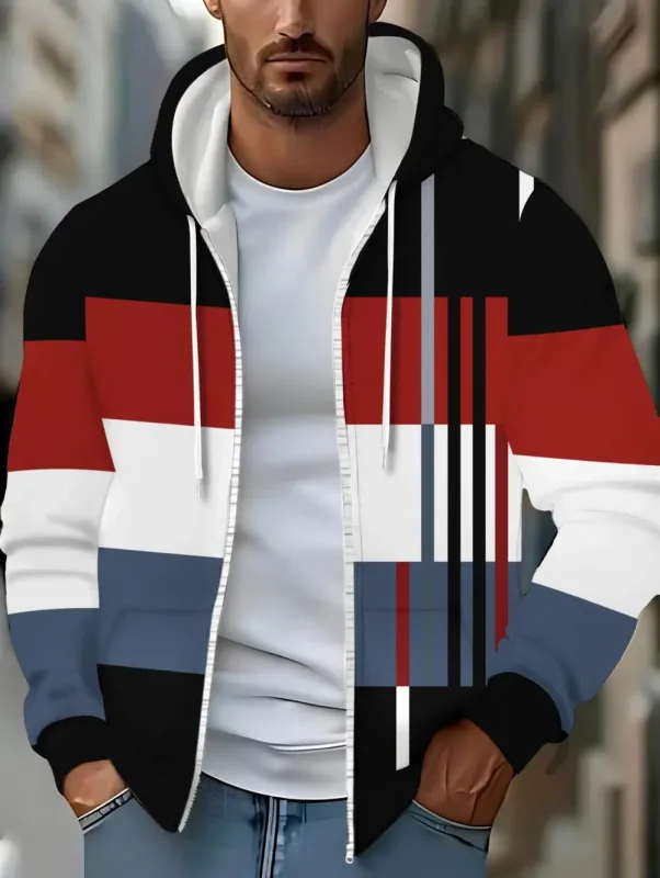 Hoodies for Man Striped Print Full Zip Sweatshirt Outdoor Wear Man Hoodie Fashion Casual Loose Sports Tops Pullover Man Clothing — image 2