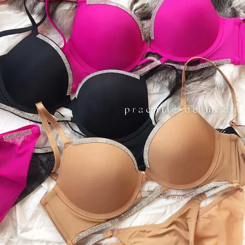 2 Pieces Sexy Underwear Set for Women Classic Cross Hollow Bra Sparkle Rhinestones Lingerie Deep V Push Up Brassiere Set