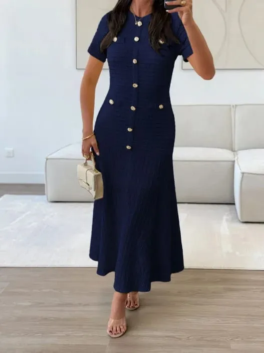 Women's Solid Color Midi Dress Short Sleeve Gold Button Decorated Fitted Flared Hem Gown Elegant Retro Outfit Dating & Parties — image 9