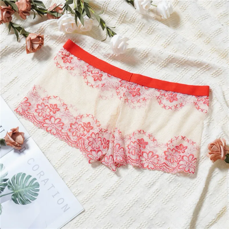 Men Lace Jacquard Mesh Boxer Shorts Underwear Hollow Temptation Exotic Trunks Silk Soft Quick Dry Breathable Sexy Panties