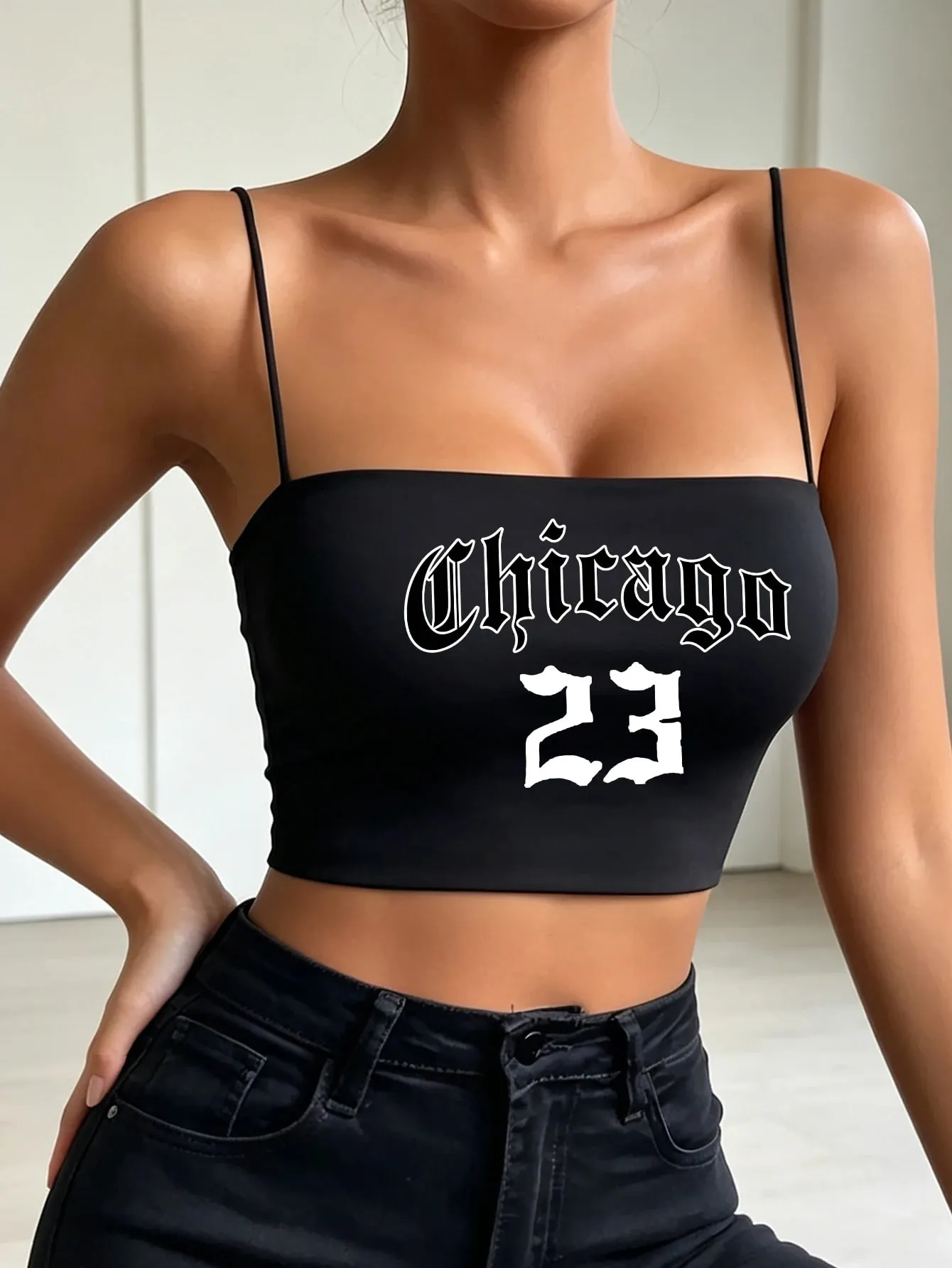 Lady Summer 'Chicago 23' Gothic-style Printed Thin Shoulder Strap Halter Top Y2K Retro Cool Girl Style Comfortable to Wear As