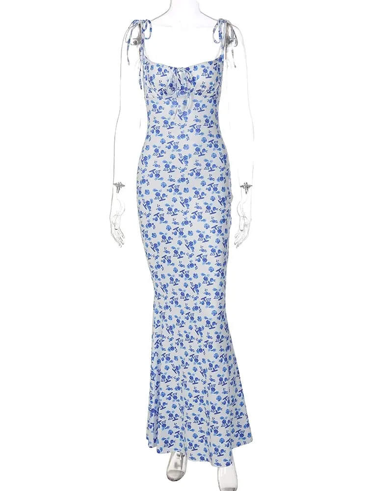 Hugcitar Blumendruck, ärmellos, rückenfrei, Slips, Schnürung, Maxikleid, sexy, figurbetont, Sommer, elegante Outfits, Urlaub, Party, Großhandel