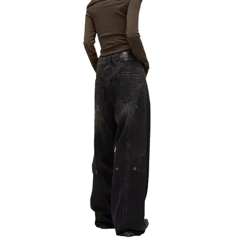Vintage Black Washed Baggy Jeans Geometric Stitched Seam Wide Leg Denim Pants Y2K High Waist Loose Streetwear Trousers Men Women