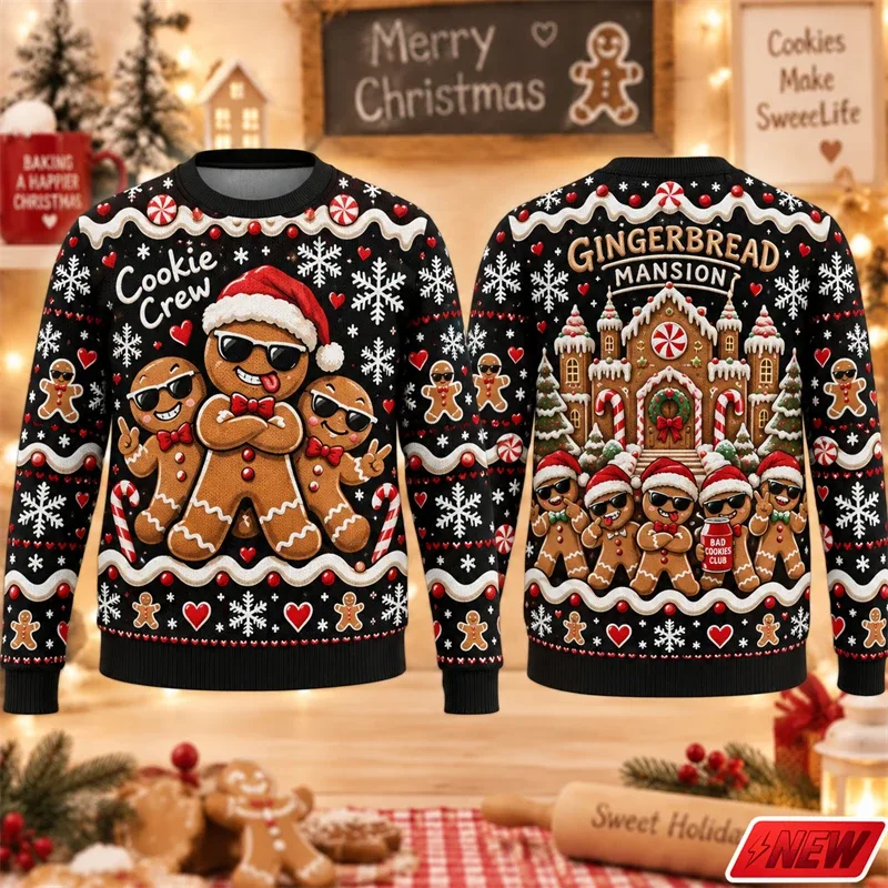 Christmas Ugly Sweater Men Holiday Gift Trendy 3D Print Funny Skateboarding Gingerbread Man House Pattern Pullover Unisex Hoodie