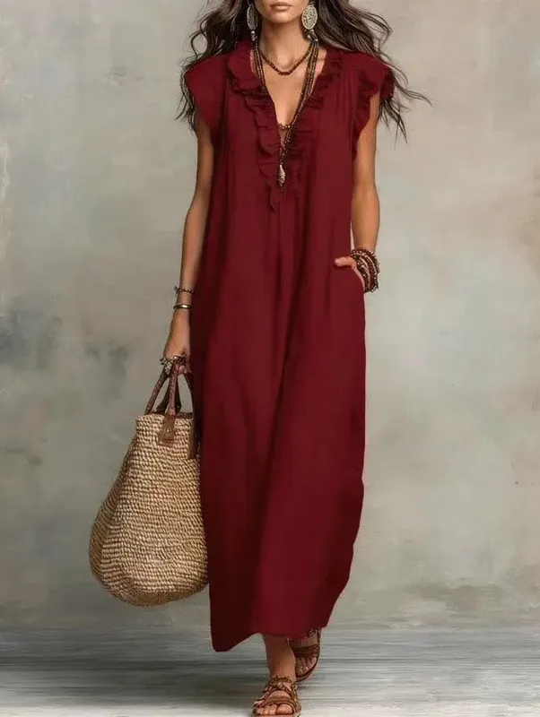 2026 Summer Women Boho Cotton Linen Maxi Dress Solid Color Ruffle V Neck Sleeveless Loose Long Dresses With Pockets Casual Beach — image 15