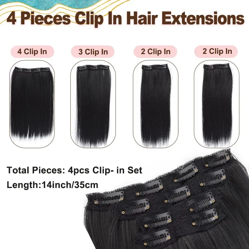 14"Synthetic Thick Clip‑in Hair Extensions 4Pcs Invisible Natural Straight Soft Easy Install For Women Girls Wedding Party Daily
