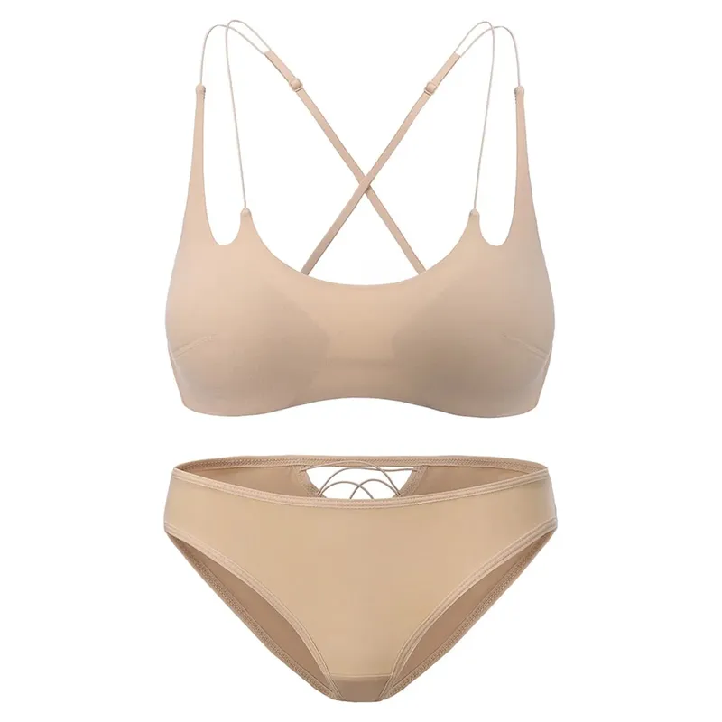 Smooth Wire Free Thin Insert Bra Panties Lingerie Set Spaghetti Strap Cross Backless Women Beautiful Underwear Three Ways Wear