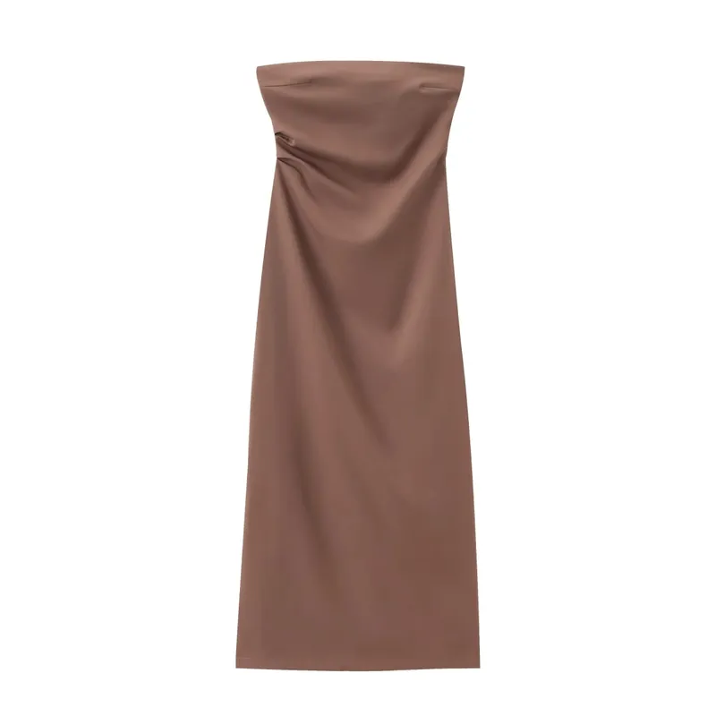 Women Fashion Summer New Sexy Split Back Zip Pleated Sleeveless Strapless Dress Chic Female French Elegant Evening