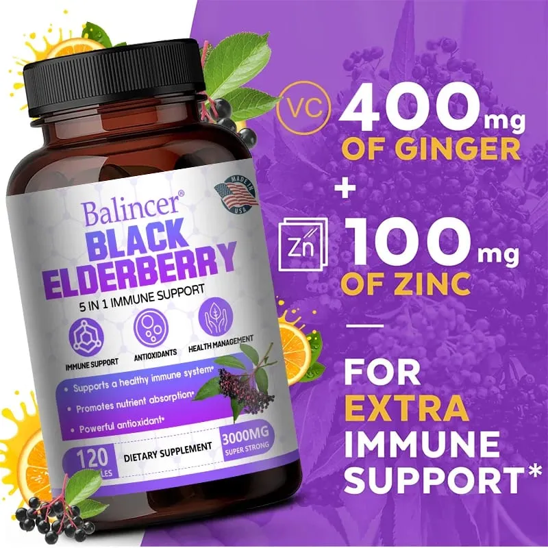 Black Elderberry Capsules with Milk Thistle Vitamin C Zinc Antioxidant Immune Support Skin Respiratory & Digestive Health
