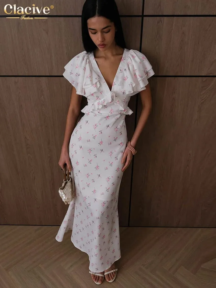 Clacive Sexy Loose Print Women's Dress 2026 Summer V-Neck Short Sleeve Ankle Length Dresses Elegant Classic Ruffles Female Dress