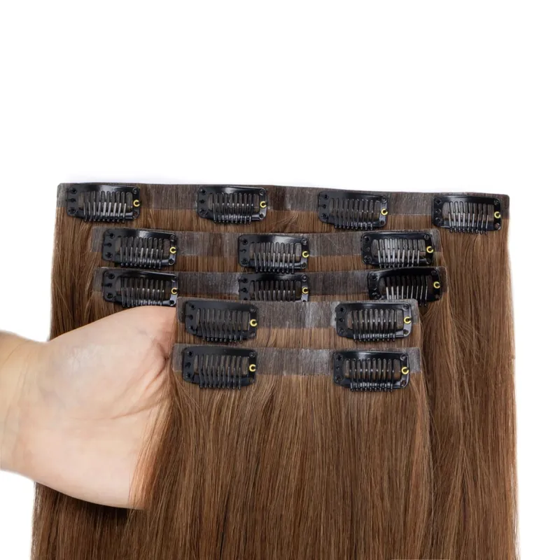 PU Seamless Clip In Hair Extensions Real Natural Invisible PU Tape Weft Clip Ins Machine Remy 12-24inch Invisible Clip Ins 7PCS