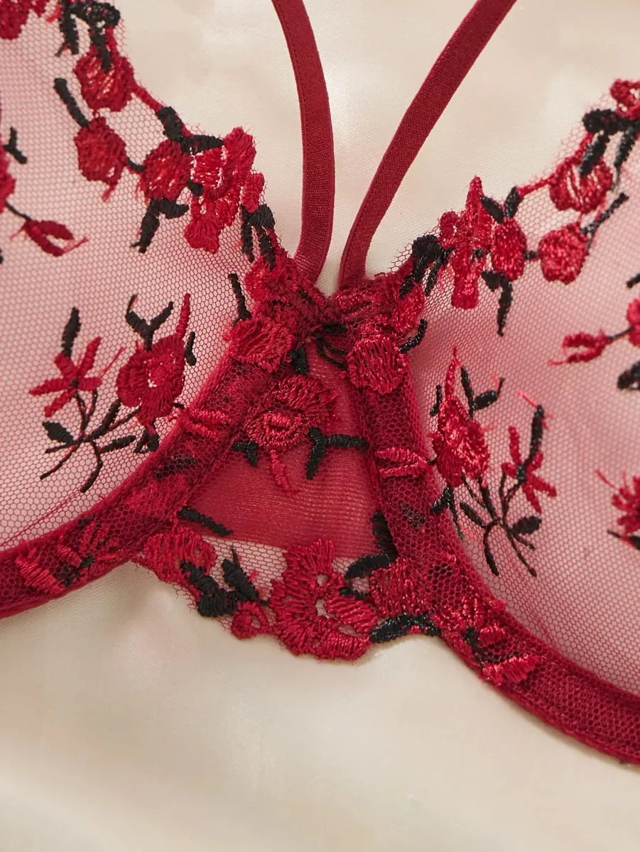 Vintage Wine Red Floral Lace Lingerie Set Thin Double Straps Sheer Transparent Mesh Bra Adjustable Briefs Boudoir — image 2
