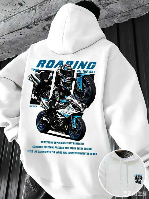 Winter and Autumn Men's Street Fashion Hooded Sweatshirt with "motorcycle" Print Pattern Fleece for Outdoor Warm Cozy Feeling