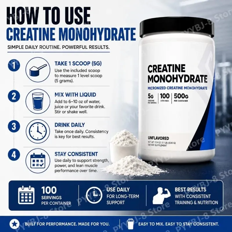 500g Creatine Monohydrate Powder Powder 100 Serving Mix with Water for Drinking Supplement Help Enhance Strength Sport Support