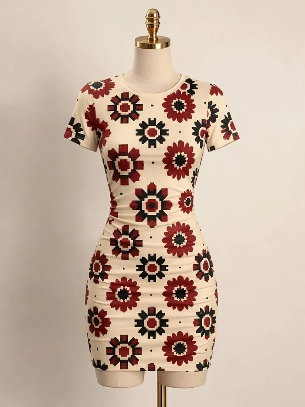 Womens Short Sleeve Bodycon Mini Dress Slim Fit Crew Neck Floral Print Casual Summer Party Cute Elegant Travel Vacation Sundress